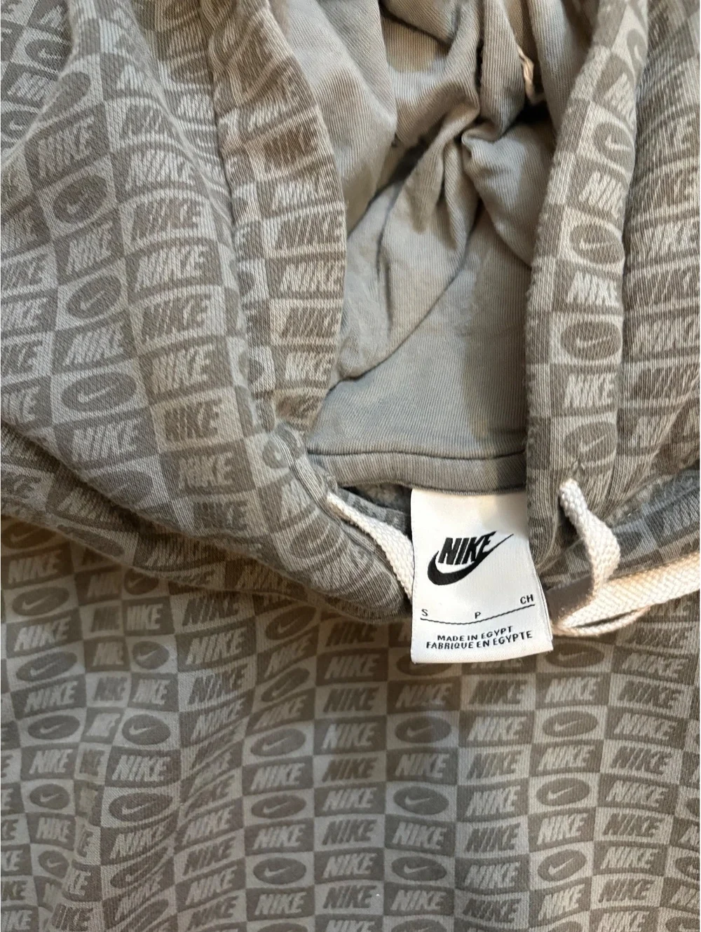 Nike All Over Logo Swoosh Print Gray Pullover Hoodie Small Monogram